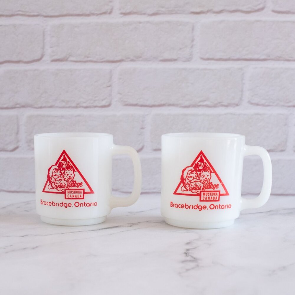 Vintage Santa’s Village Milk Glass Mugs | Rare Canadian Souvenir Set